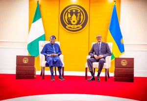 President Bola Ahmed Tinubu with President Paul Kagame at the Urugwiro Presidential Village, Kigali, Rwanda, on Wednesday, May 13, 2026