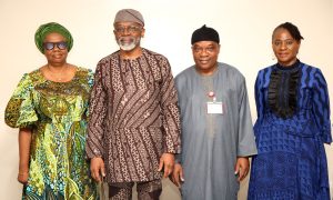 L-R: Mrs Adunni Enikanolaiye, wife of the Ambassador-designate, Chief of Staff to the President, Femi Gbajabiamila, Minister of State-designate for Foreign Affairs, Ambassador Sola Enikanolaiye, and Senior Special Assistant to the President on Administration and Operations, Mrs Oyinade Nathan -Marsh during Enikanolaiye’s sendoff ceremony at the State House. Wednesday, June 03, 2026